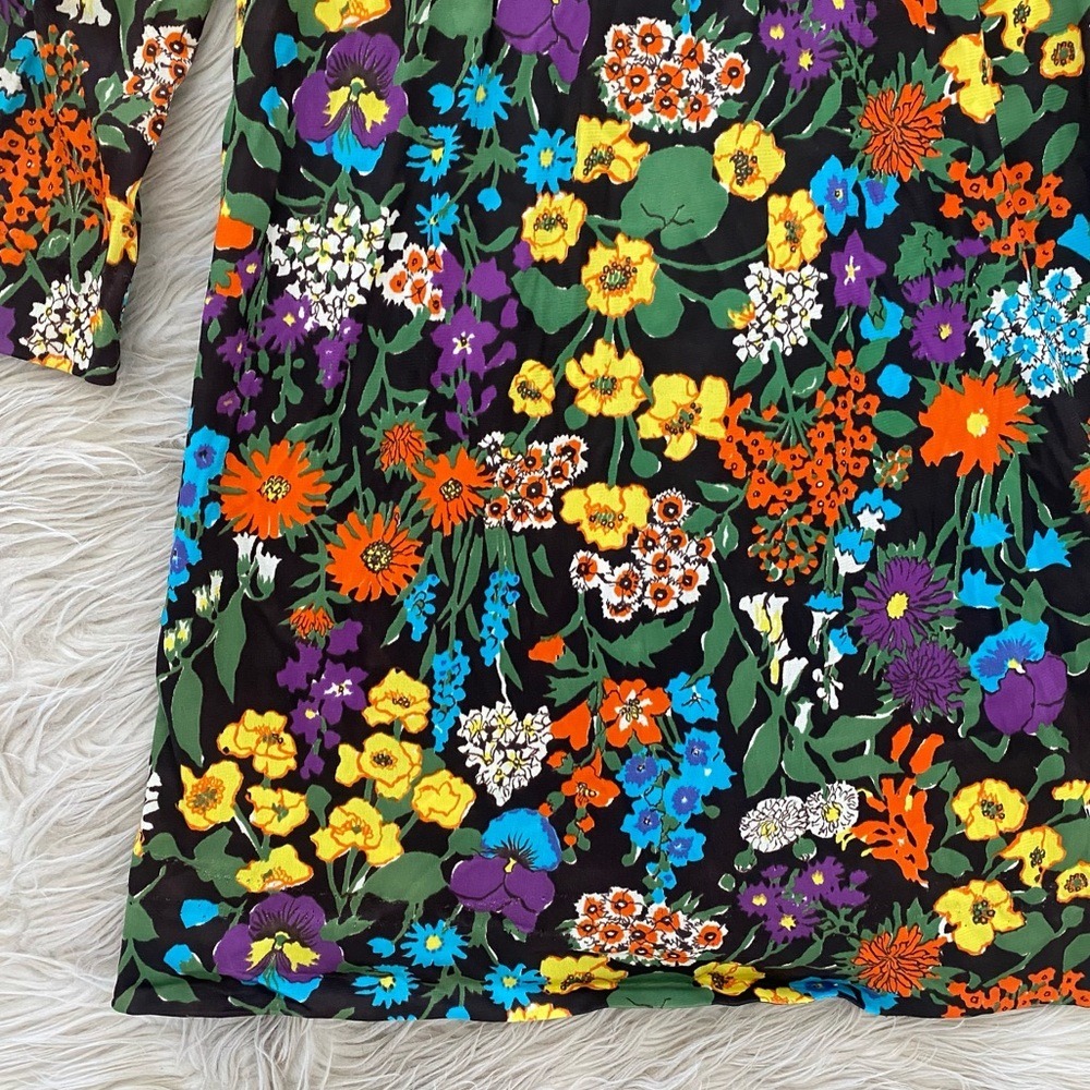 Vintage 70s Retro Dark Floral Button Front Long Sleeve Mini Dress Orange Blue - Picture 7 of 16